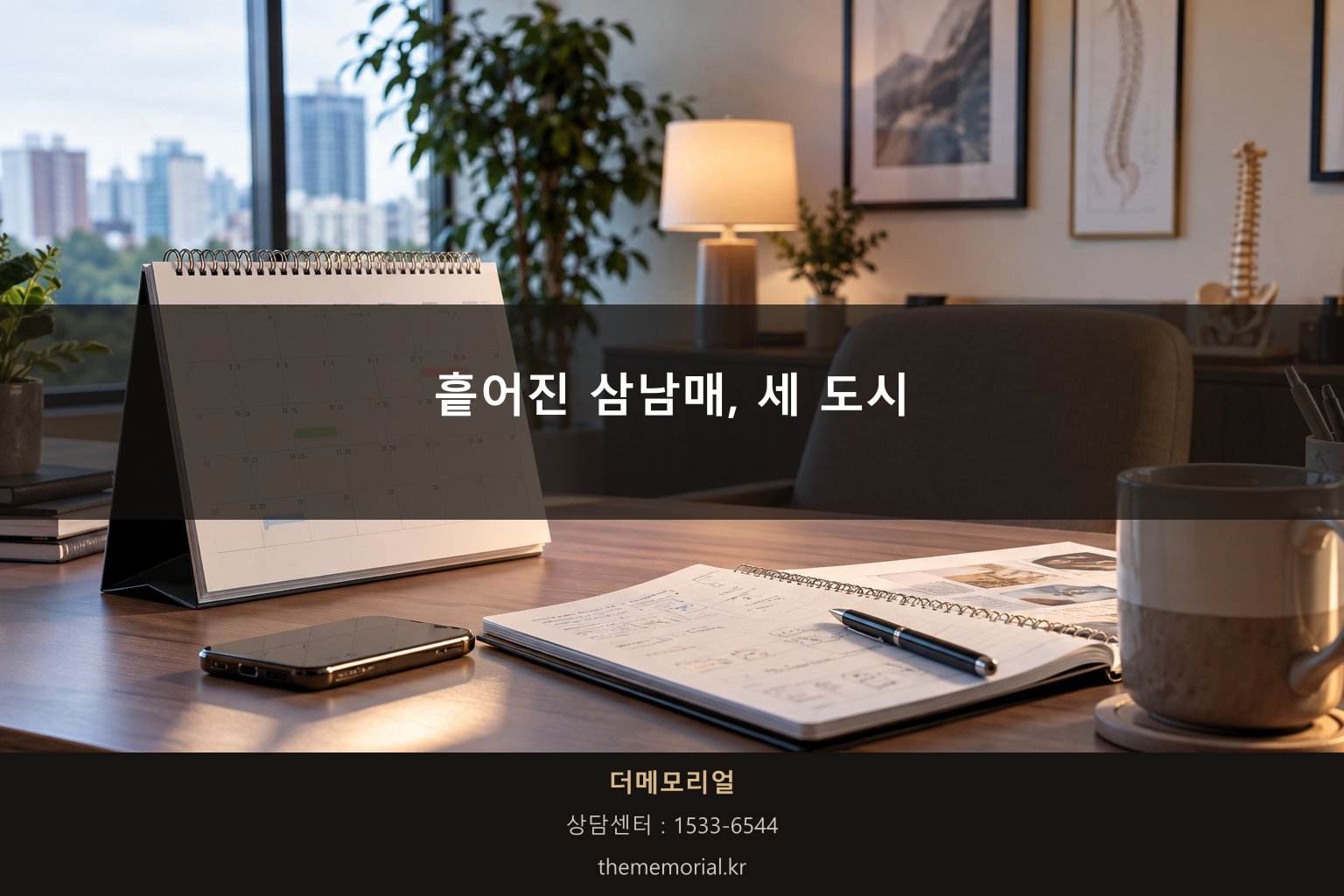 지도 위에 흩어진 세 도시를 표시한 모습